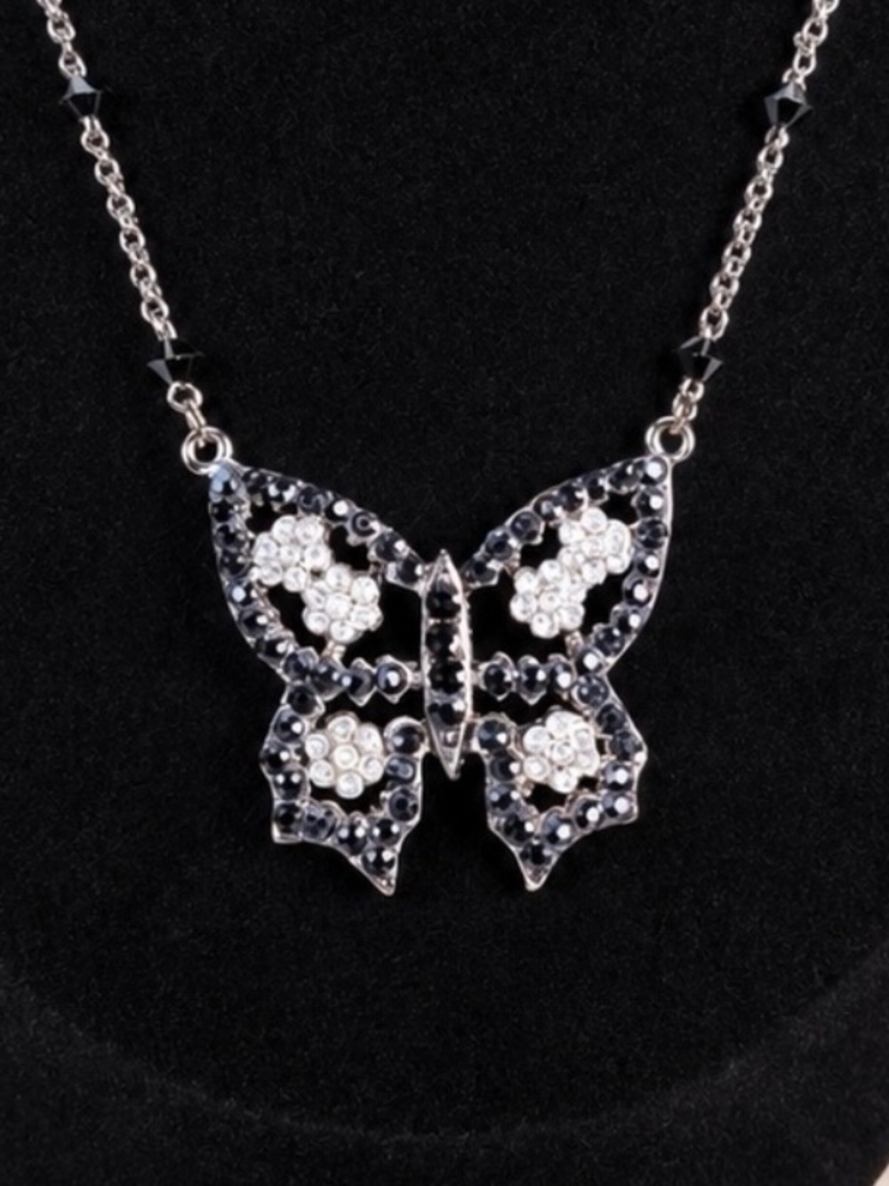 Vintage aged, Silvertone Black Butterfly pendant Necklace